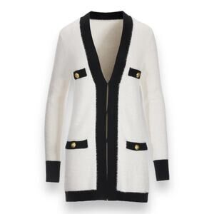 Boston Proper White Black Gold Button Colorblock V Neck Cardigan XS Fuzzy Plush